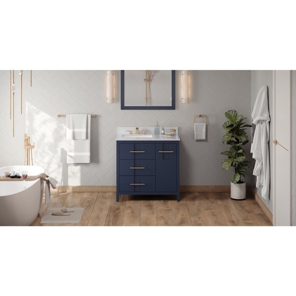 Jeffrey Alexander 36In. Hale Blue Katara Vanity, Left Offset, White Carrara Marble Vanity Top, Undrmnt Rctngl Bowl VKITKAT36BLWCR